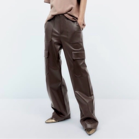 Zara Pants - Zara Brown Faux Leather High Waist Cargo Pants Size Large